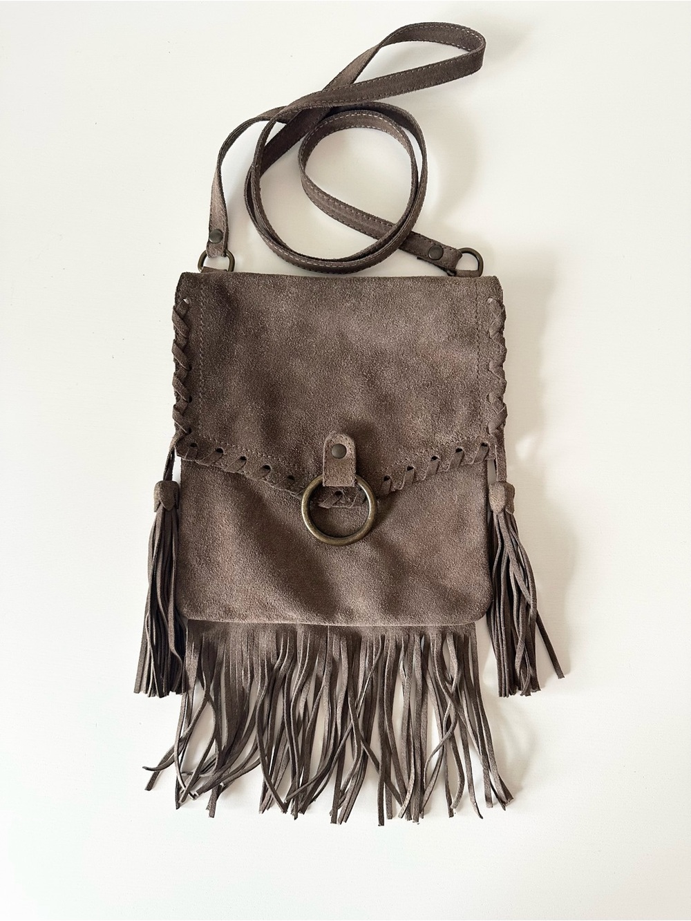 MANGO Taupe Suede Fringe Crossbody Bag Ring Detail